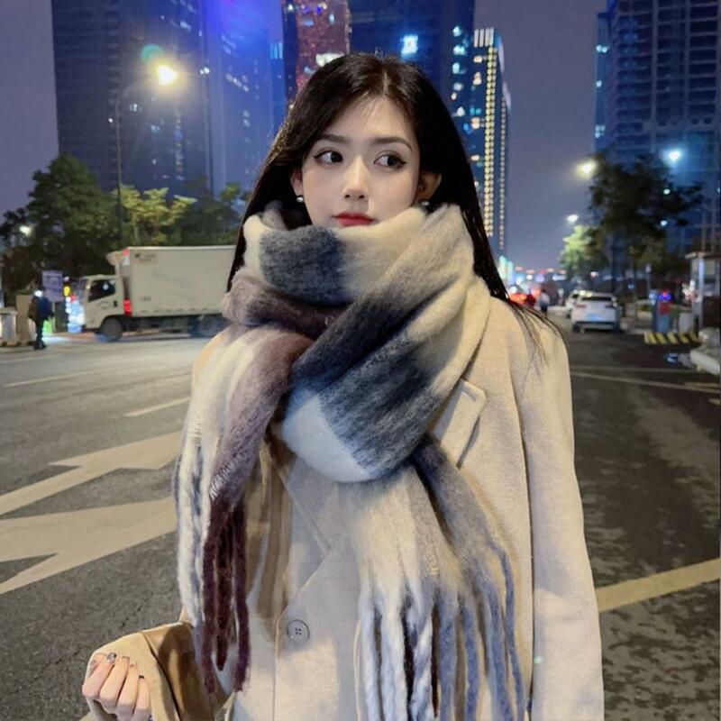 Saturated Color Scarf Stylish Women's Winter Scarf Thick Warm Windproof Shawl with Twisted Tassel Detailing Neck Protection