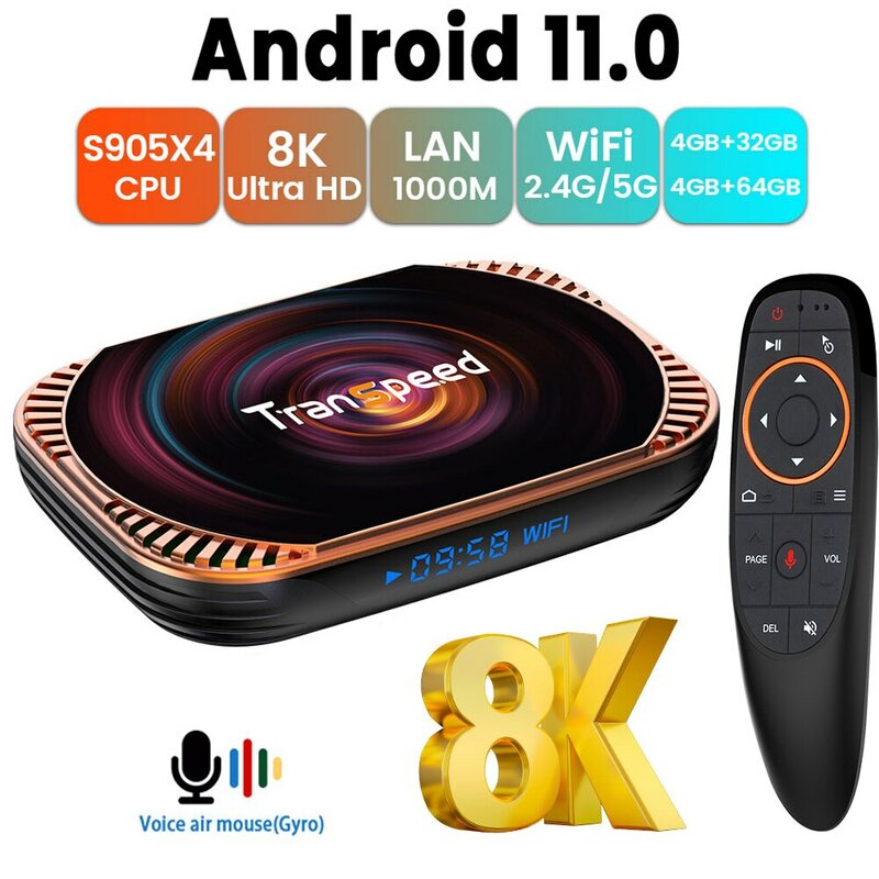 Transpeed TV Box Android 11 Amlogic S905X4, Set Top Box pemutar Media TV Cepat 4K 8K 3D 1000M wi-fi ganda 32G 64GB BT4.0