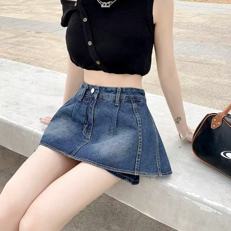 Celana pendek Denim wanita, celana jins Hakama Ruffles A-line, celana kulot tren jalanan tinggi versi Korea