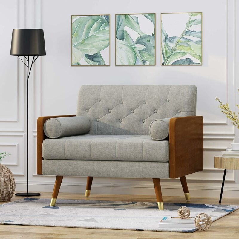 Greta Mid Century Modern Fabric Club Chair, Beige, Dark Walnut 30.5D x 37.75W x 33H in