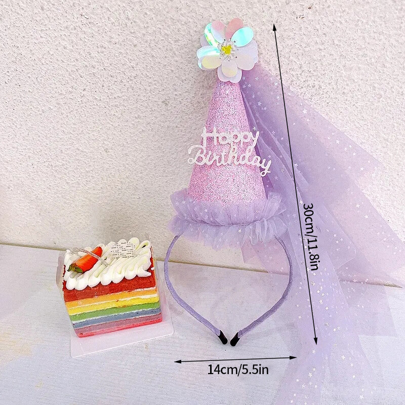 Baby's Happy Birthday Hat Princess Crown Mesh Headband Celebration Glitter Decor for Kids Girl Favor Headwear Party Supplies