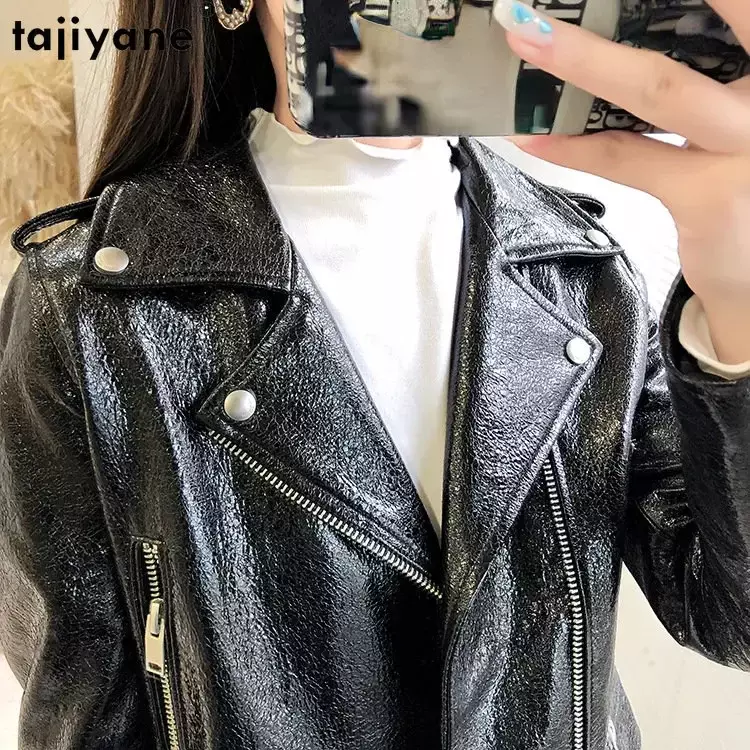 Tajiyane-女性のための本革のジャケット,シープスキンのジャケット,韓国のファッション,短い薄い革のジャケット,黒のバイカーコート,2023