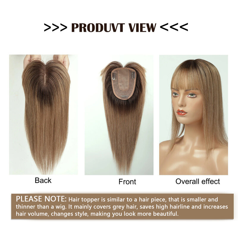100% Remy Human Hair Toppers with Bangs 14in Brown Ombre Human Hair Pieces for Women with Thinning Hair Silk Base Clip in Topper