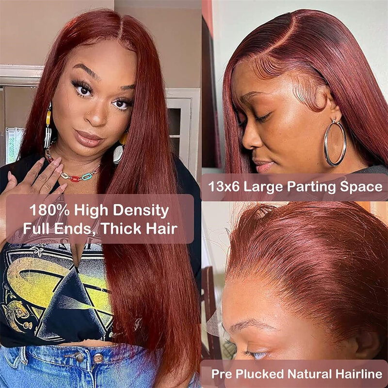 Pelucas frontales de encaje marrón rojizo, cabello humano liso de 180% de densidad, 13x4, 13x6, HD