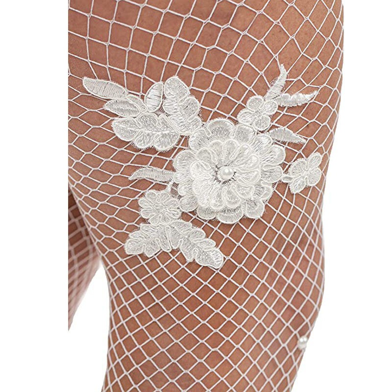 Medias de rejilla para mujer, pantimedias de cintura alta con apliques florales y perlas, lencería Sexy de diseñador de encaje negro o blanco