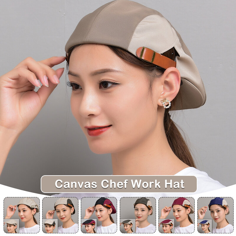 Topi koki kerja pria wanita, untuk dapur Toko Kue, topi baret kanvas makanan cepat saji restoran Hotel memanggang