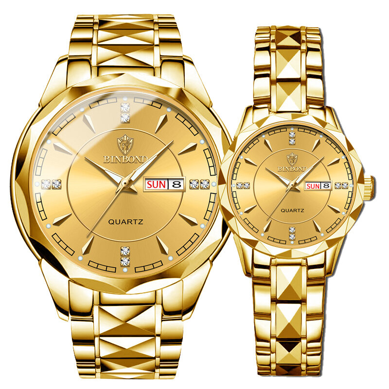 Gold Uhr Männer Frauen Geschäft wasserdichte Uhr Auto Datum Woche voller Stahl Herren uhren Mode lässig Damen Quarz Armbanduhr