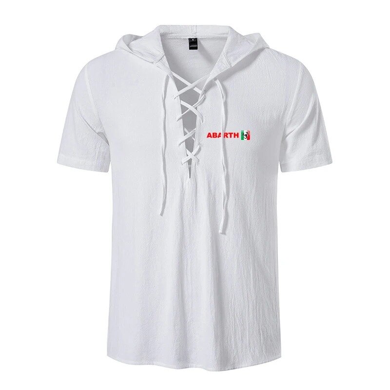 2024 Men's Summer Abarth Fashion Frenulum Collar Cotton Linen Hooded Short Sleeve Casual T-Shirt Fashion Printing Tops