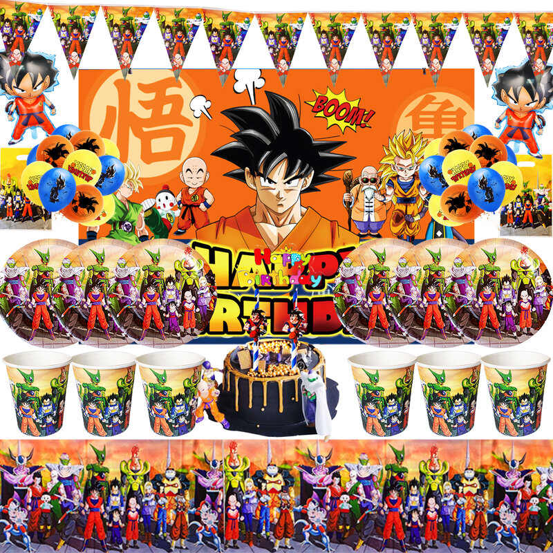 Goku Dragon Ball Z decoración de fiesta de cumpleaños para niños, suministros de vajilla para niños, plato, taza, mantel, globo de aluminio, CakeTopper