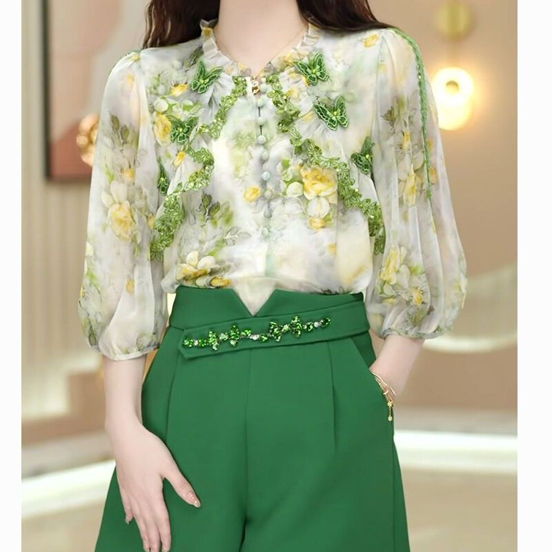 Summer New Fashion Suit Round Neck High Street Three-dimensional Flower Button Pullovers and Solid Color Pockets All-match Short