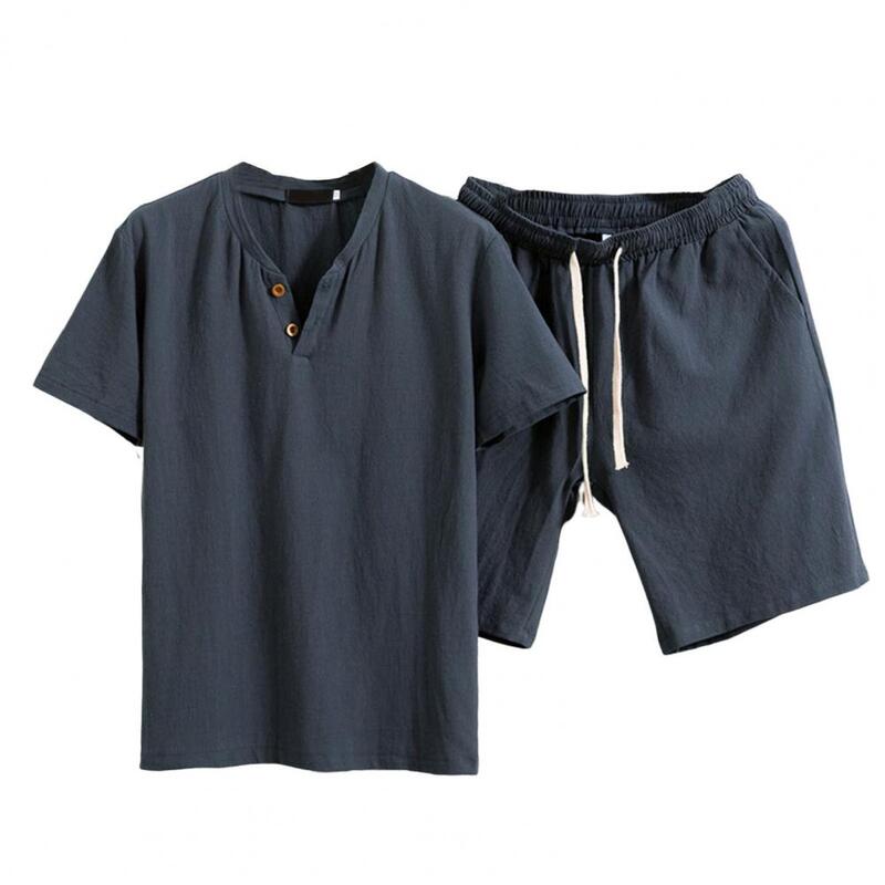 2 Pcs Men T-shirt Shorts Set Elastic Waist Loose V Neck Drawstring Homewear Deep Crotch Plus Size Casual Summer Top Shorts Set
