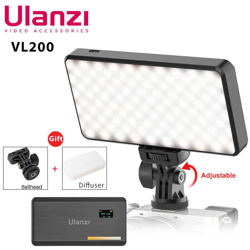 Ulanzi-VL200 LED Camera Light com tripé e suporte do telefone, luz de vídeo regulável com difusor macio, cabeça de bola 360 °, 2500K a 9000K