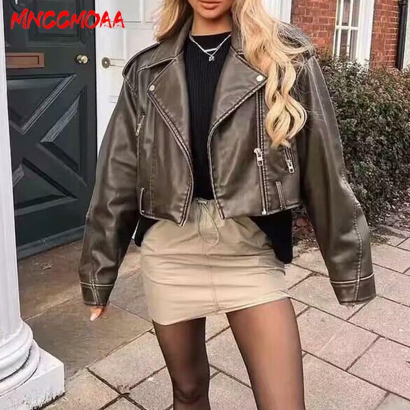 MNCCMOAA Women 2024 New High Quality Fashion Vintage With Belt Soft Faux Leather Jackets Coat Casual Short Biker Outwear Female