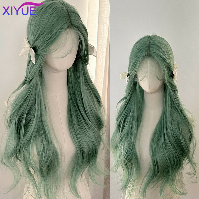 XIYUE Wig Women's Long Hair Mint Green Star Same Style Synthetic Long Curly Hair Versatile COS Full Head Set