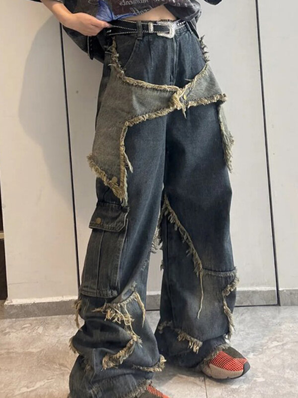 Dżinsy Cargo spodnie damskie luźny, typu Oversize uliczne pantofelek pentagram surowe spodnie z obszyciem 2023 Vintage Blue Hip Hop damskie spodnie jeansowe