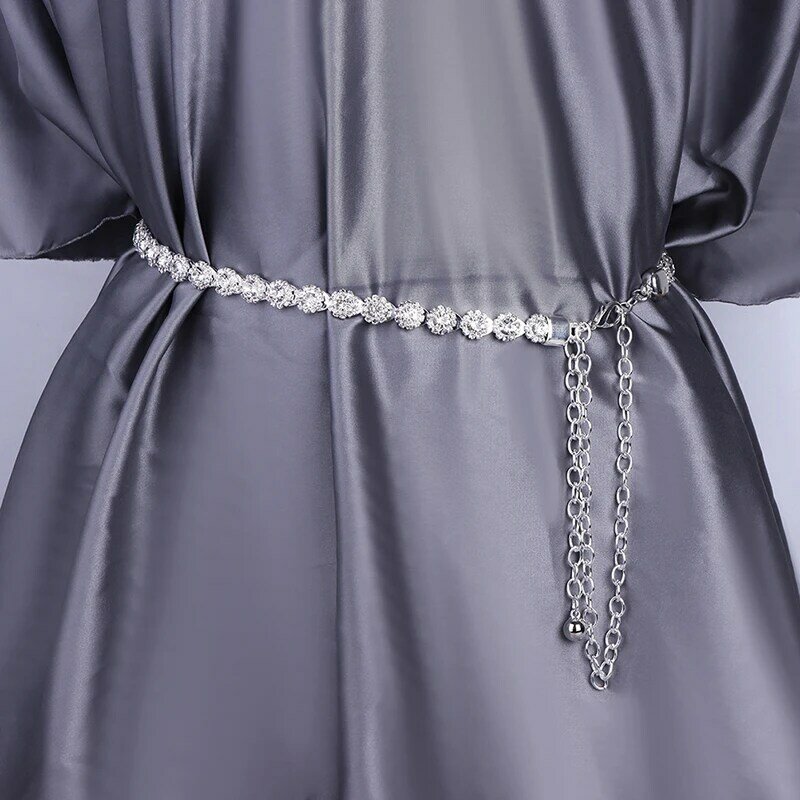 Sabuk rantai pinggang untuk wanita, baju rantai logam dekorasi berlian imitasi bening mewah untuk wanita