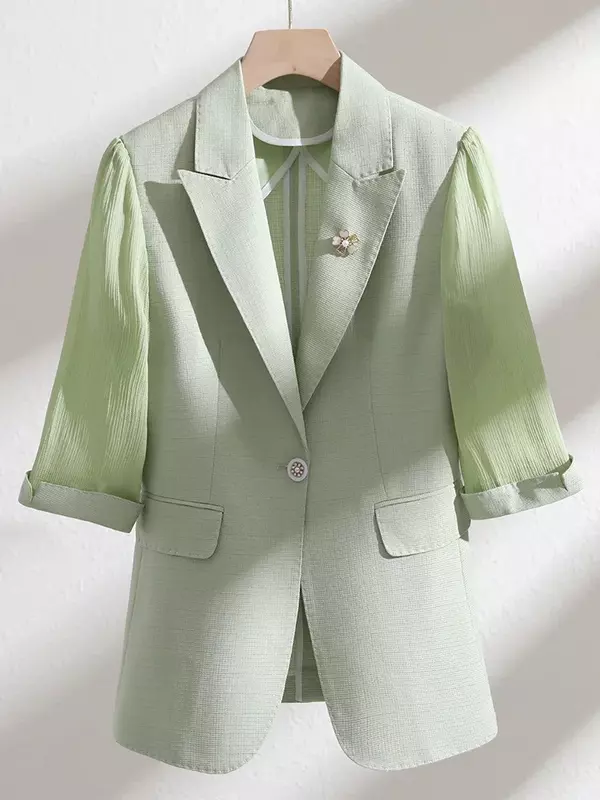Blazer de media manga para mujer, chaqueta Formal de negocios, color Beige, verde y rosa, ropa de trabajo para oficina, verano y primavera