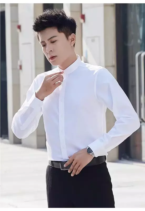 Camisa de manga larga con cuello Zhongshan para hombre, ropa de trabajo blanca pura y Roja China, camisa profesional, ropa de calle coreana, nueva