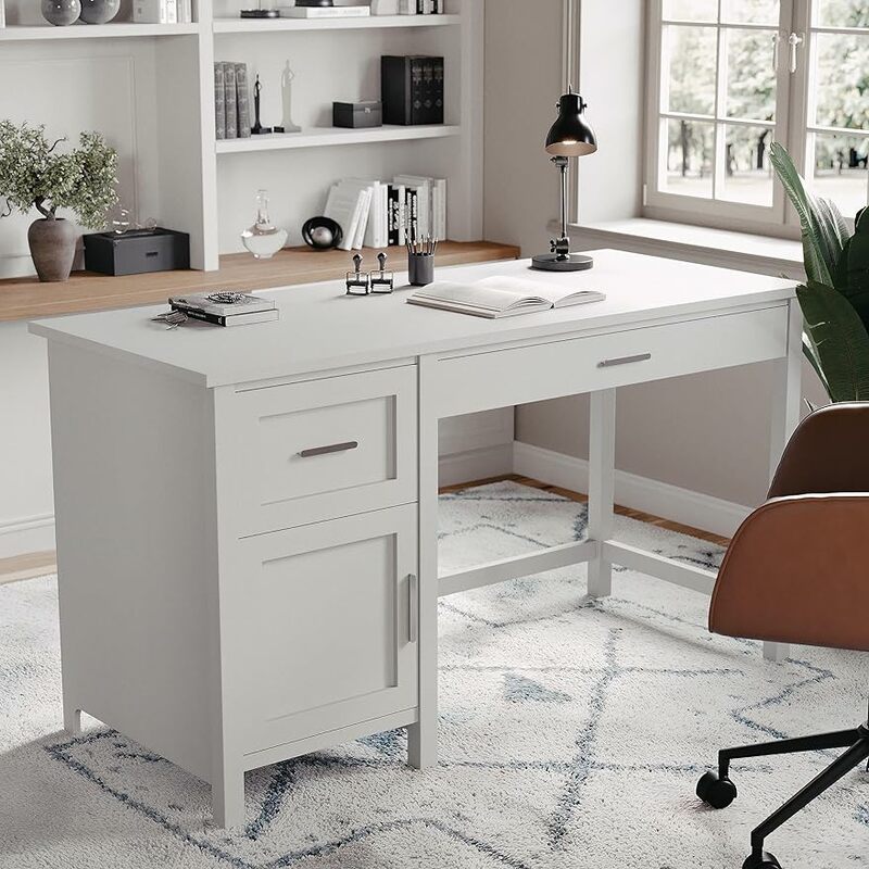 Meja Komputer, gaya meja kantor rumah dengan penyimpanan abu-abu dengan perangkat keras nikel disikat
