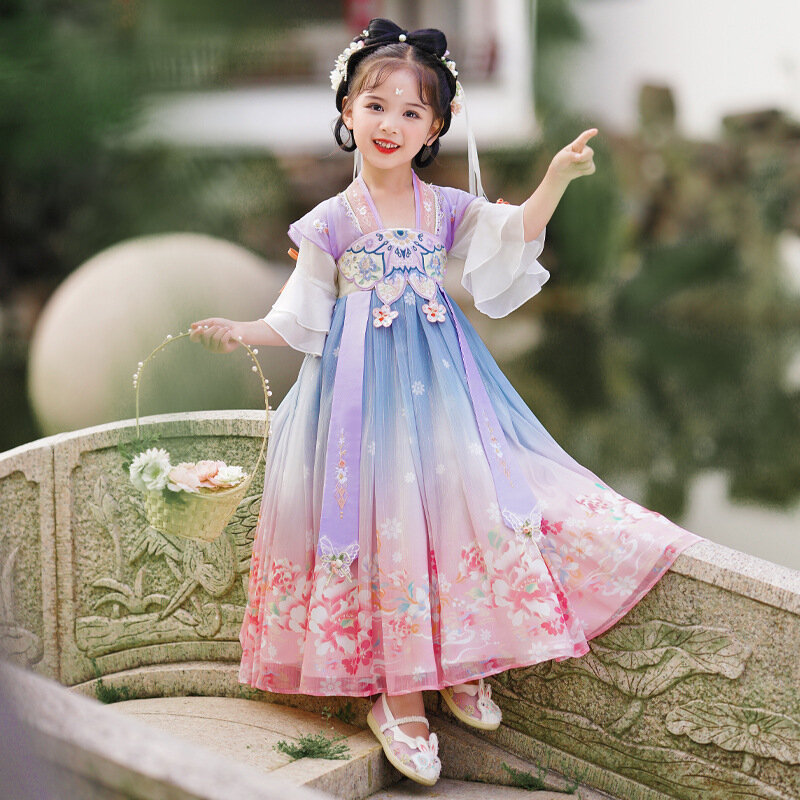 Kostum peri gadis tradisional Tiongkok, pakaian Tahun Baru untuk anak perempuan, gaun Hanfu, Cosplay fotografi Tang gaya Tiongkok
