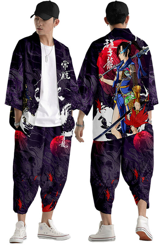 Dwuczęściowy garnitur Oversize XXS-6XL styl japoński modne Kimono i zestaw spodni męski kardigan bluzka Haori Obi azjatyckie ubrania