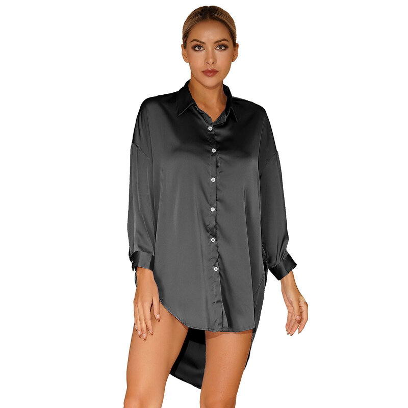 Womens Long Sleeve Satin Nightshirt Shirt Pajamas Nightwear Homewear Loungewear Button Down Sleepshirt Nightgown+G-string Sets