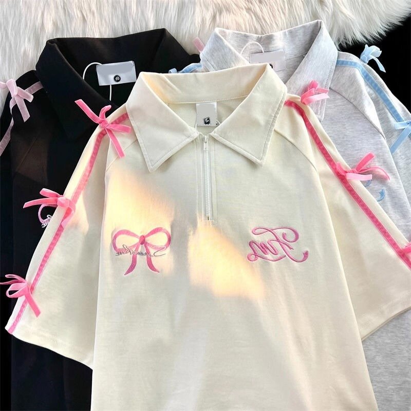 Coreano Sweet Girl College Style Polo Collar Bow t-shirt a maniche corte donna Summer Street Fashion Lazy Wind Loose Wild Top Women