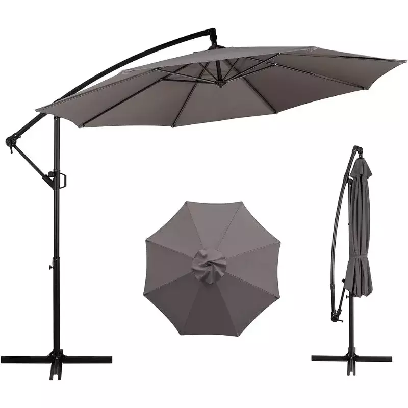 Payung Offset teras dengan penyesuaian kemiringan mudah, engkol dan dasar silang, payung gantung penopang luar ruangan dengan 8 rusuk, 95% UV