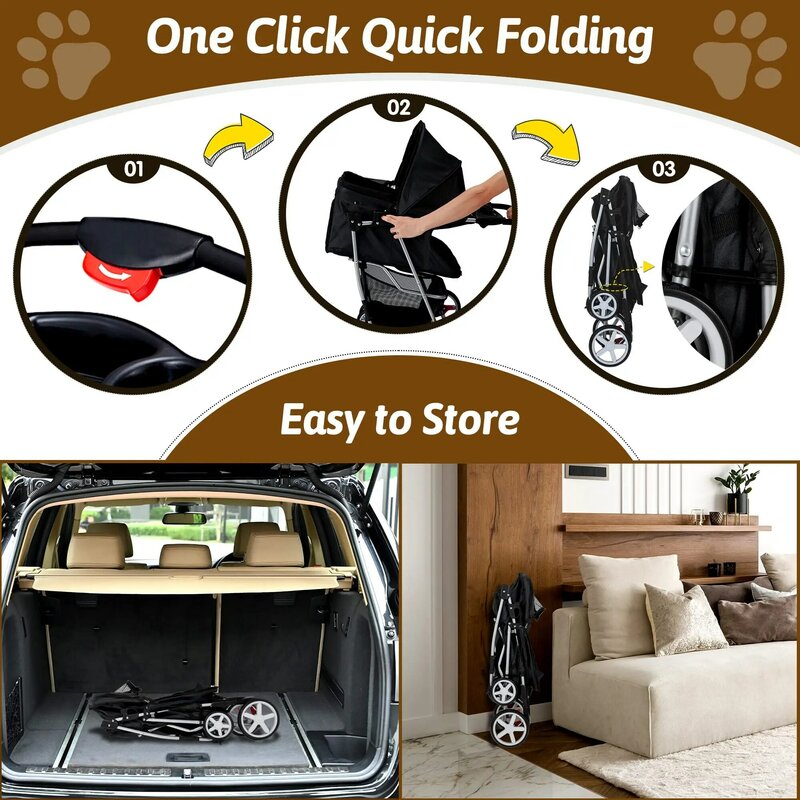 Zwarte 4-wielige Opvouwbare Hond Kat Kinderwagen Voor Middelgrote/Kleine Huisdieren, Jogger Kinderwagen