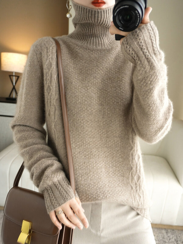 100% wanita Merino Sweater wol musim gugur musim dingin tebal pullover hangat lembut Turtleneck memutar lengan panjang kasual rajut kasmir