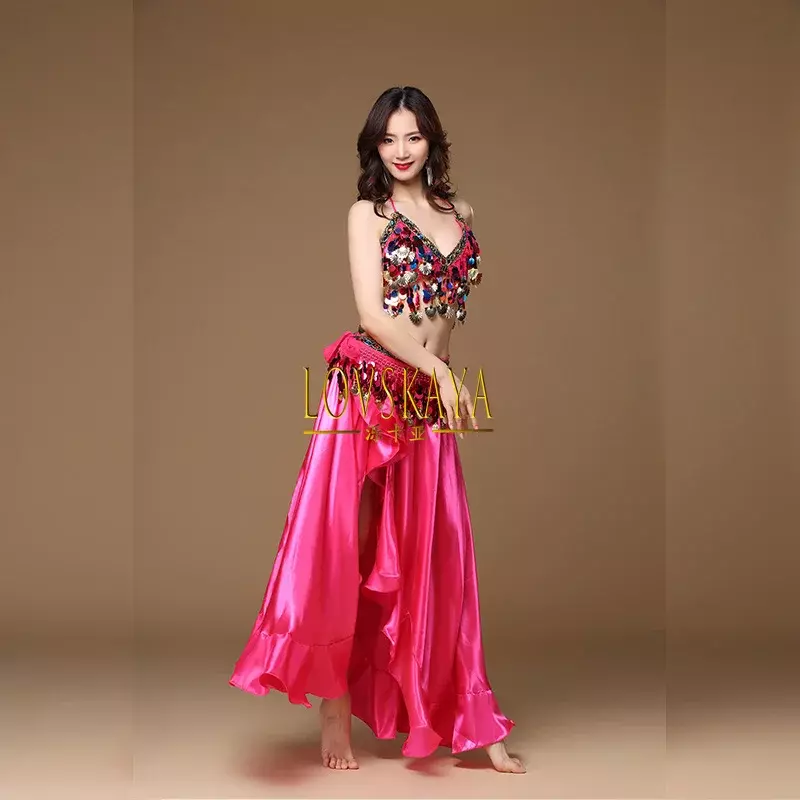 Disfraz de danza del vientre para mujer adulta, falda para actuación en escenario, conjunto de 3 piezas con sujetador y cinturón, novedad