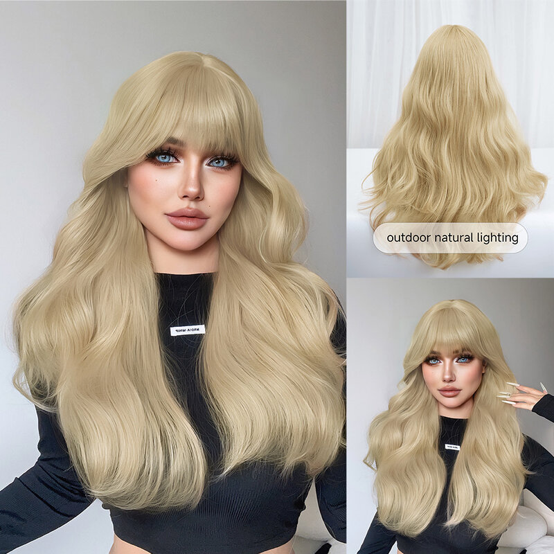 24Inch Golden Blonde Color Synthetic Wigs with Bangs Long Natural Wavy Hair Wig For Women Daily Use Cosplay Party Heat Resistant