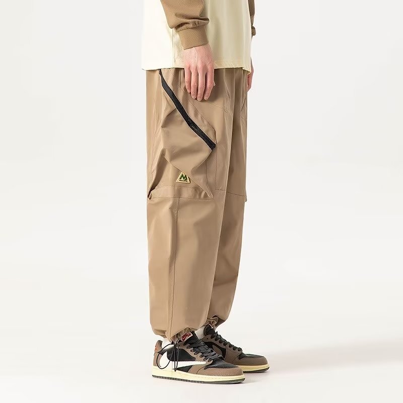 Calça cargosa de pernas largas masculina, calça com cordão, macacão fino, elasticidade japonesa Harajuku, bolsos múltiplos, tendência da moda verão