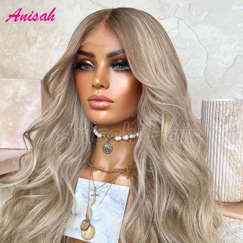 Brazilian Remy Hair Ash Blonde Dark roots Lace front Human Hair Wigs PrePlucked ombre 13x4 HD Transparnt Lace Frontal wig