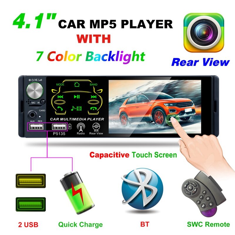Reproductor MP5 con pantalla de contacto para coche, P5135 autorradio estéreo, 1 Din, 2USB, FM, AM, Bluetooth, 4,1 pulgadas