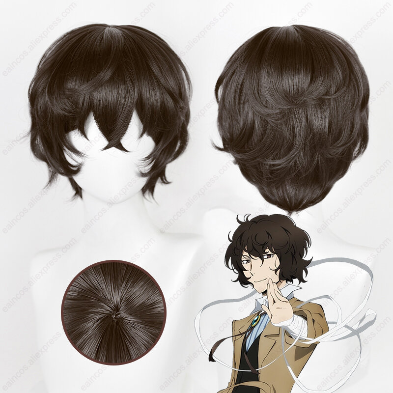 Wig Cosplay Anime Dazai oadu 30cm rambut pendek coklat tua Wig sintetis tahan panas dengan topi Wig