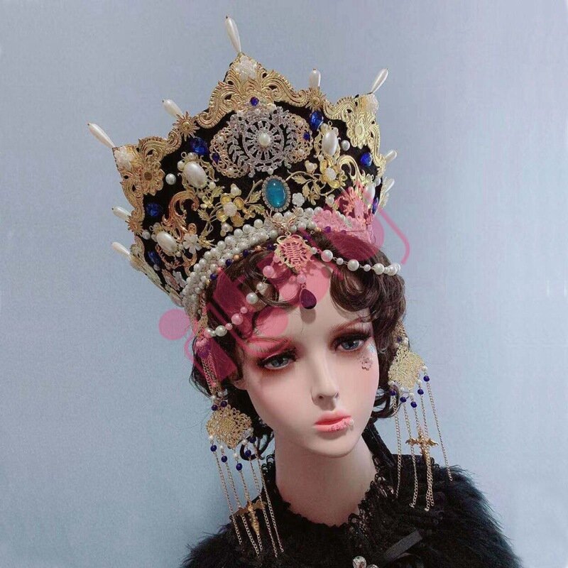Renaissance Tudor Crown Headpiece Elizabethan Palace Style Retro Gorgeous Gothic Lolita Bead Chain KC Headband Hat Ornament