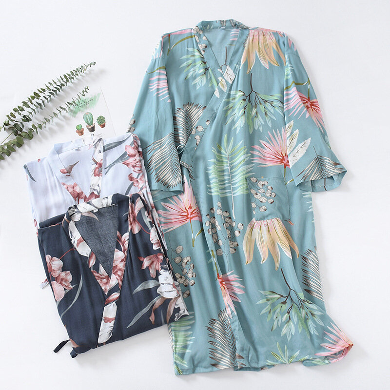 Japanische dünne Kimono Pyjamas Frühling Sommer Strickjacke V-Ausschnitt Schnürung Home Wear Frauen gedruckt Dreiviertel ärmel Nachthemd