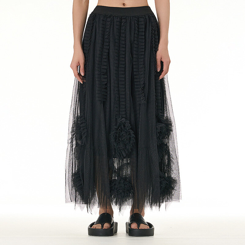 Women Mesh Skirt Evening Party Large Fluffy Hem with Elastic Waist Fashion Skirts Female 2024 Summer Clothing New