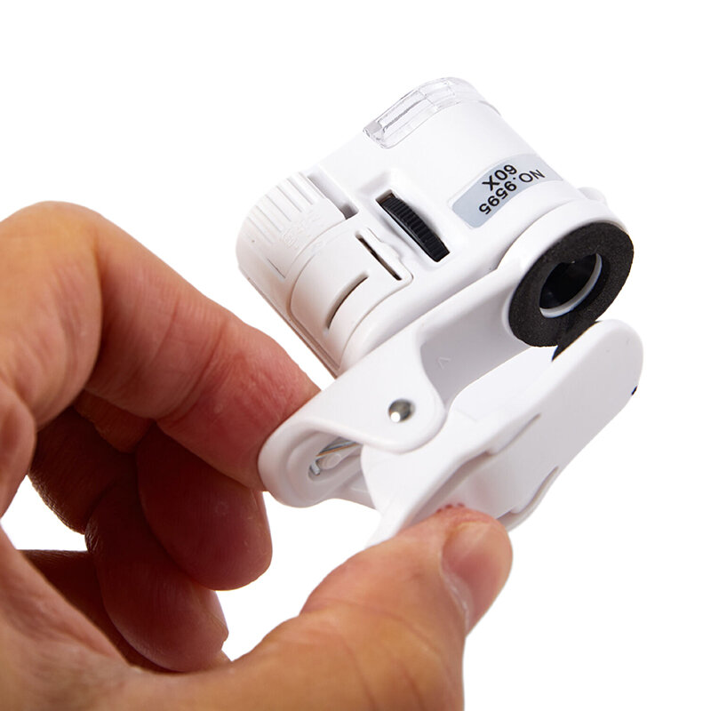 Mikroskop klip Universal 60X LED, kaca pembesar perhiasan fokus saku dapat disesuaikan dengan klip ponsel lampu UV