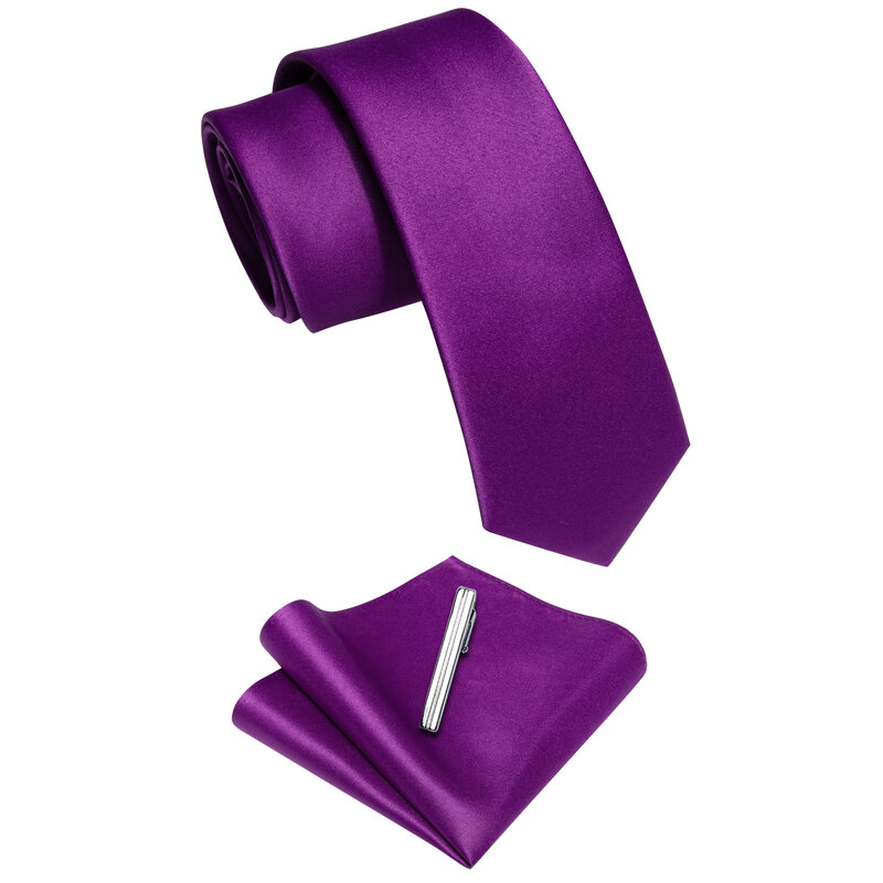 Luksusowy szczupły fioletowy męski krawat klip zestaw w kwadraty 6 Cm gładki krawat dla człowieka wesele firm Party corbatas para hombre prezenty