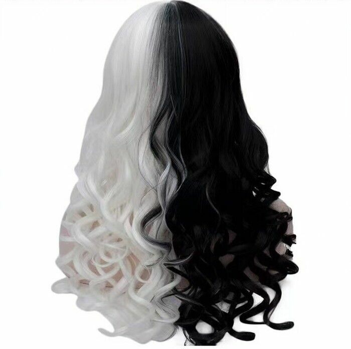 New Black White Synthetic Ladies Long Curly Wigs