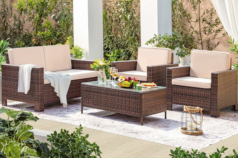 Set di mobili da giardino da 4 pezzi Set di divani per conversazione in vimini con sedia in Rattan, balcone a bordo piscina da giardino per veranda da esterno per interni