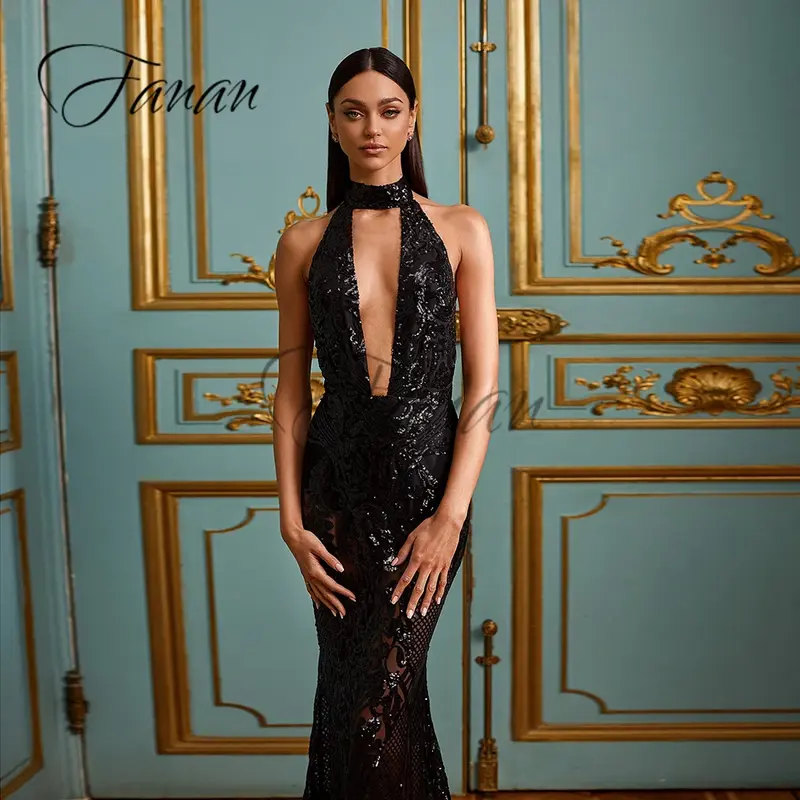 Sexy Black Halter Neck Evening Dresses Backless Sequined Mermaid See-Through Clubbing Party Gown robe de soirée femme vestidos