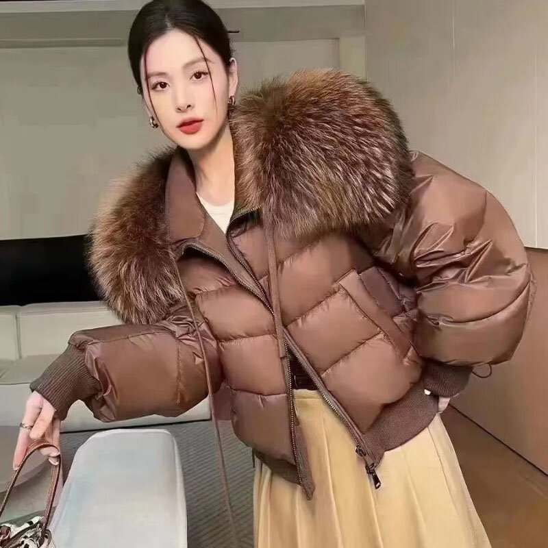 Женский пуховик с большим меховым воротником, теплый толстый пуховик Паркер в Корейском стиле на белом утином пуху, зима 2023