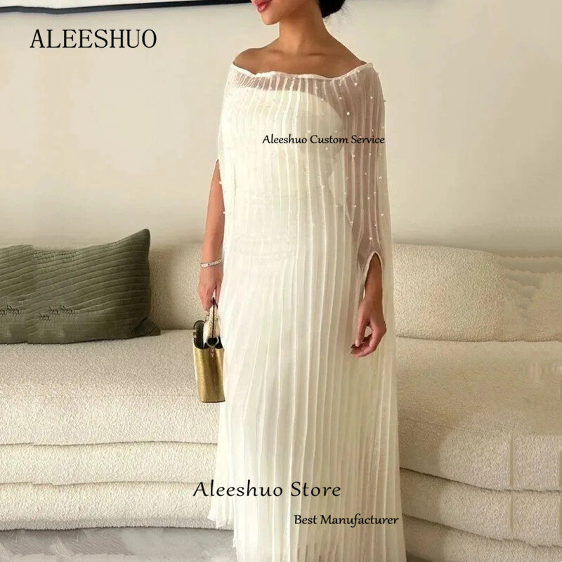 Aleeshuo Simple White Straight Prom Dresses Glitter Pearls Short Sleeve Party Dresses Tulle Boat Neck Vestidos De Ocasión 2024