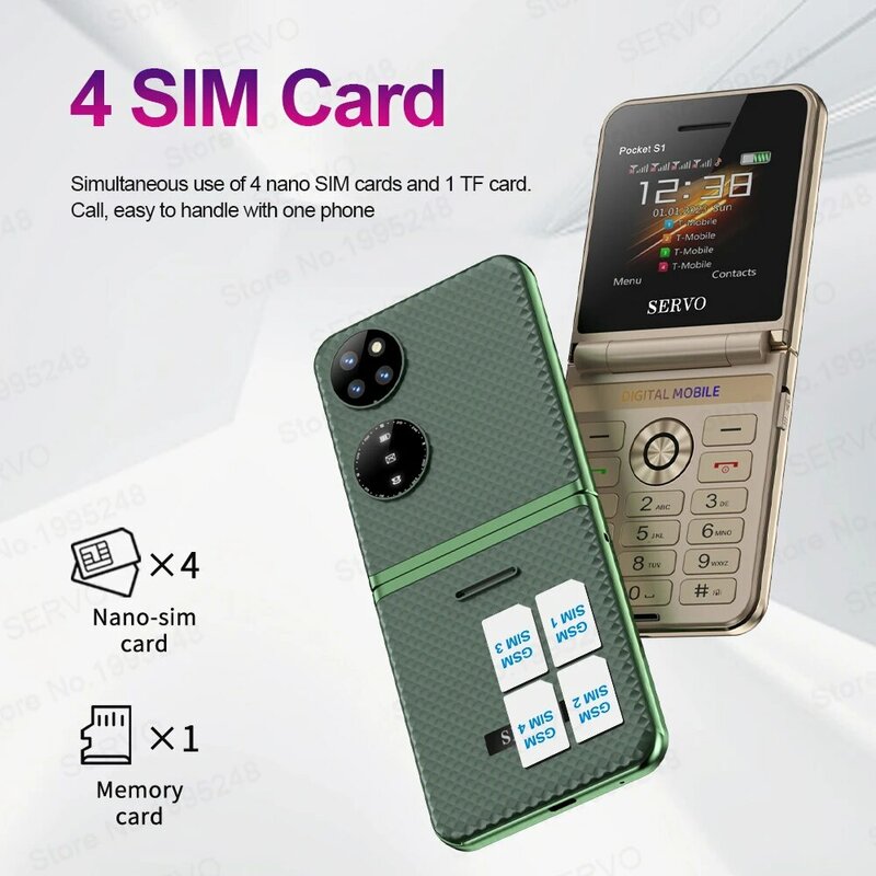 SERVO Pocket S1 nuovo stile Flip cellulare 4 SIM card 2G GSM 2.4 ''torcia schermo Auto Call Record Magic Voice Fold Phone Gifts