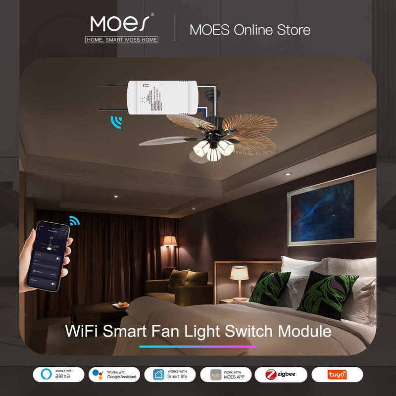 MOES kipas langit-langit Wi-Fi cerdas, kipas kontrol modul dan lampu secara terpisah dengan aplikasi atau suara kompatibel dengan Alexa dan Google