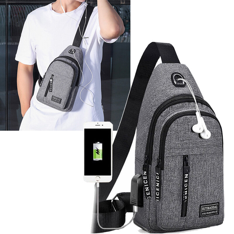 Bolso de mano de viaje para hombre, bolsa de pecho con USB, bandolera de diseñador, bolso de hombro a prueba de agua, paquete Diagonal, Mochila deportiva