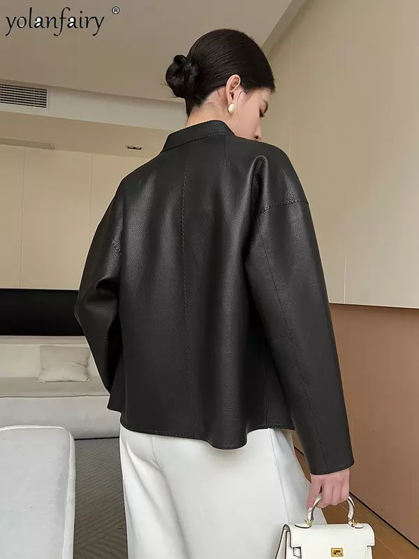Abrigo de piel de oveja auténtica para mujer, chaqueta negra de alta calidad con fajas, primavera y otoño, novedad de 2023
